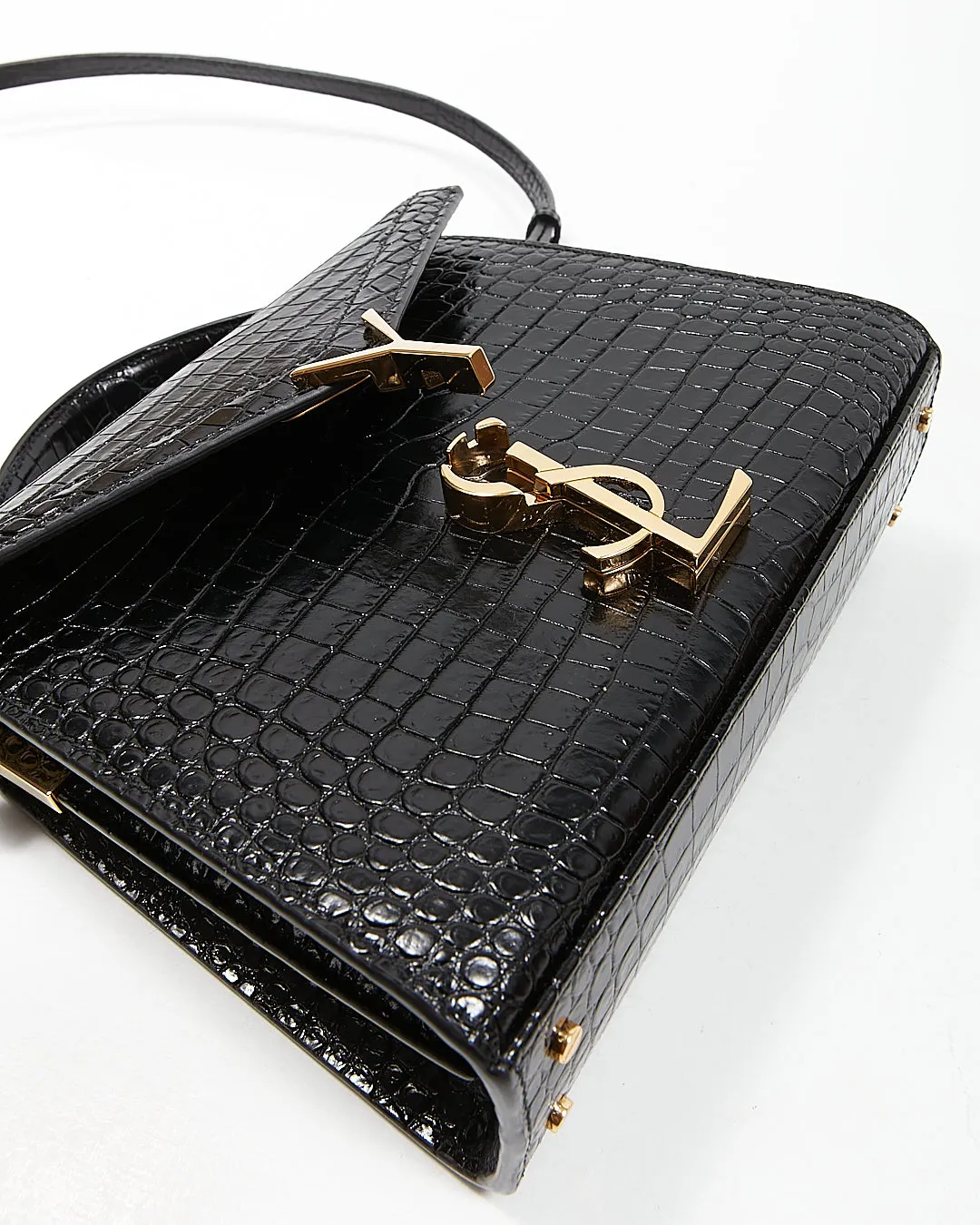 Saint Laurent Black Croc Embossed Cassandra Top Handle Bag