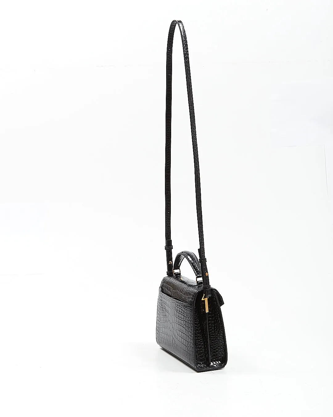 Saint Laurent Black Croc Embossed Cassandra Top Handle Bag