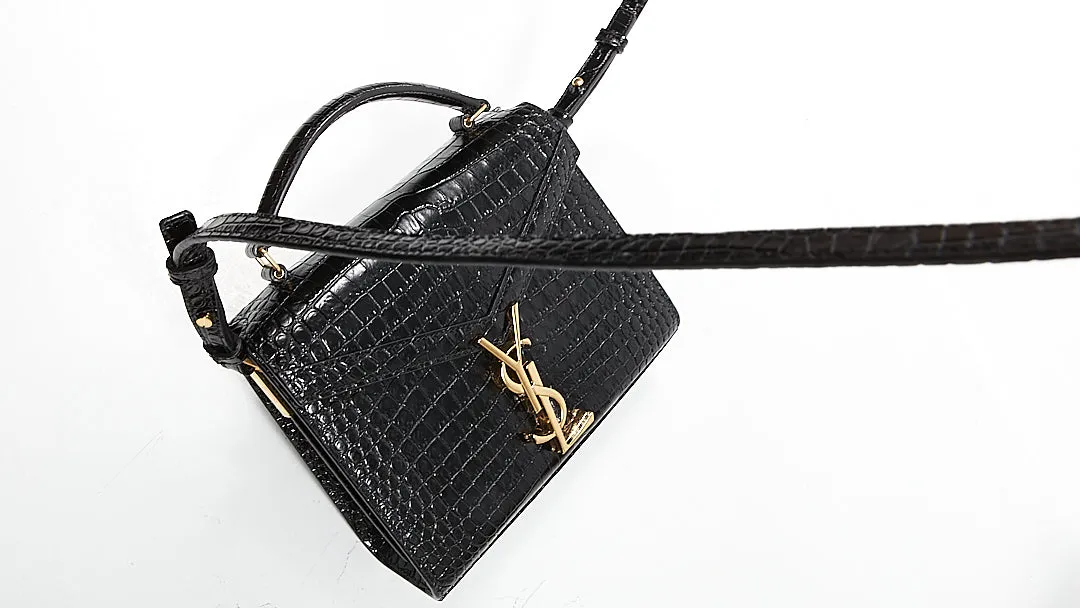 Saint Laurent Black Croc Embossed Cassandra Top Handle Bag