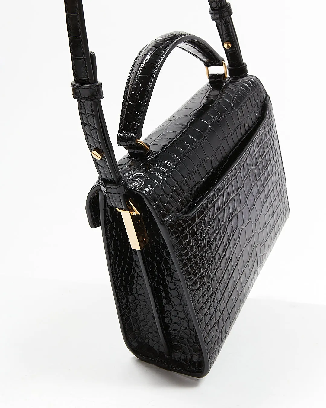 Saint Laurent Black Croc Embossed Cassandra Top Handle Bag