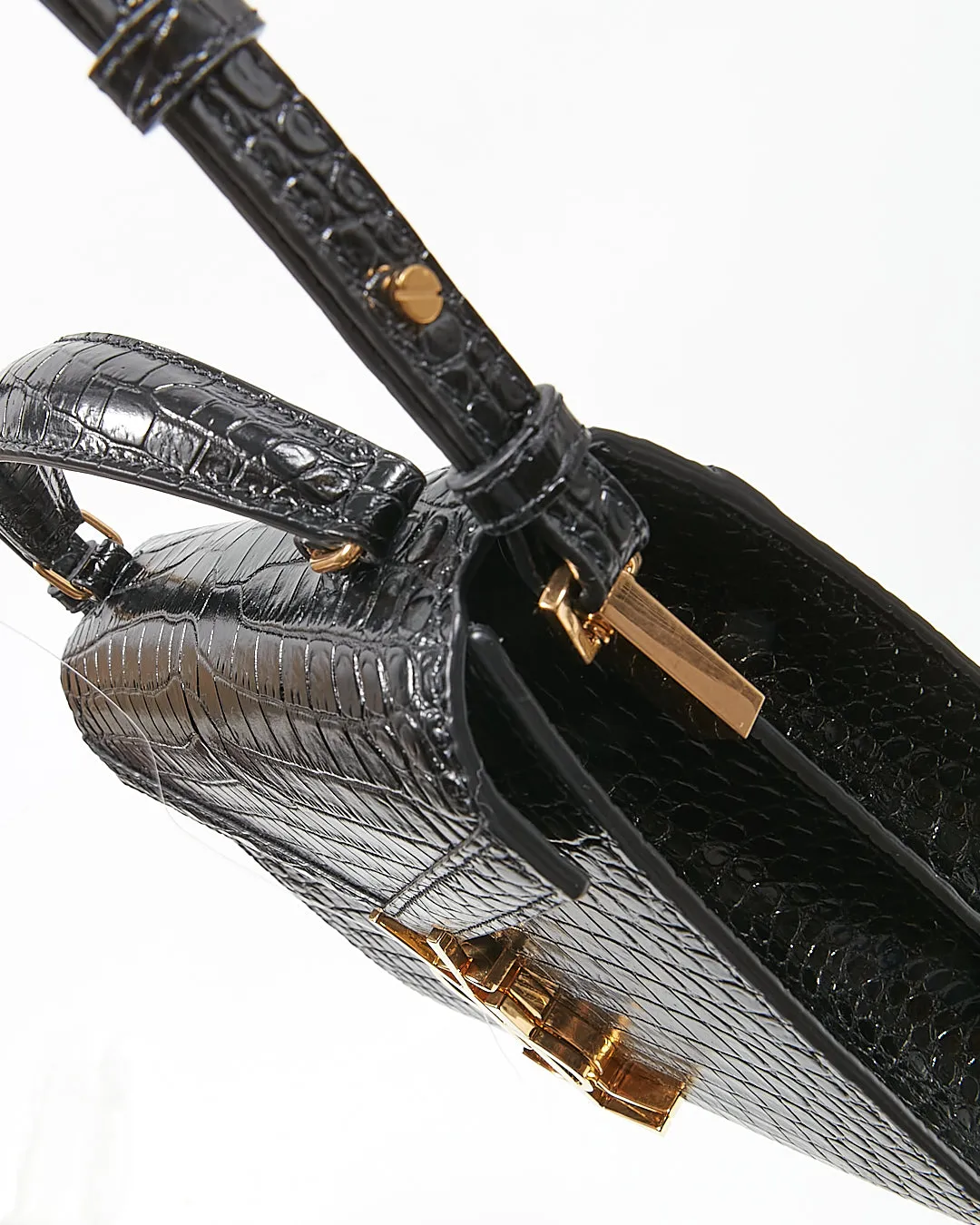 Saint Laurent Black Croc Embossed Cassandra Top Handle Bag