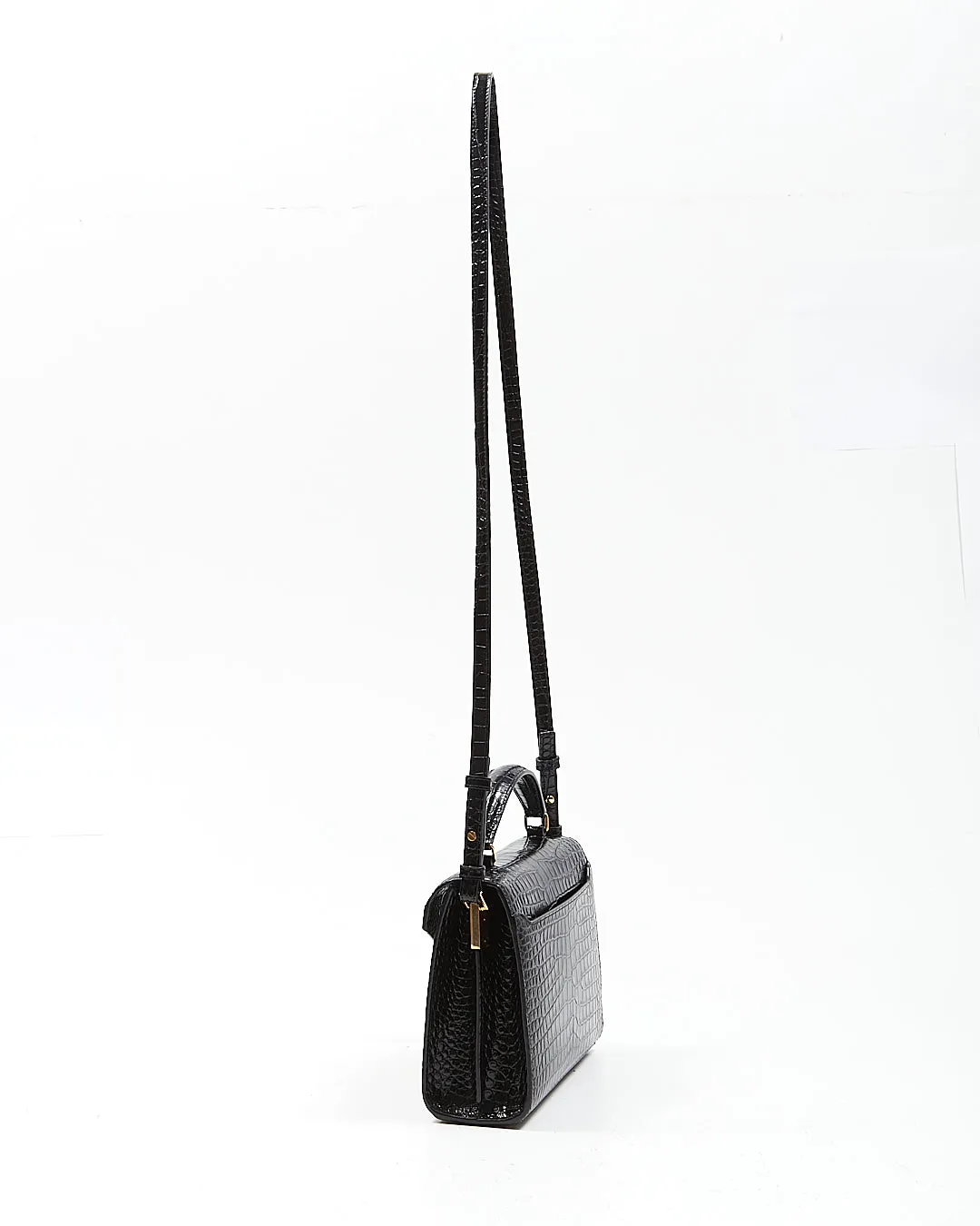 Saint Laurent Black Croc Embossed Cassandra Top Handle Bag