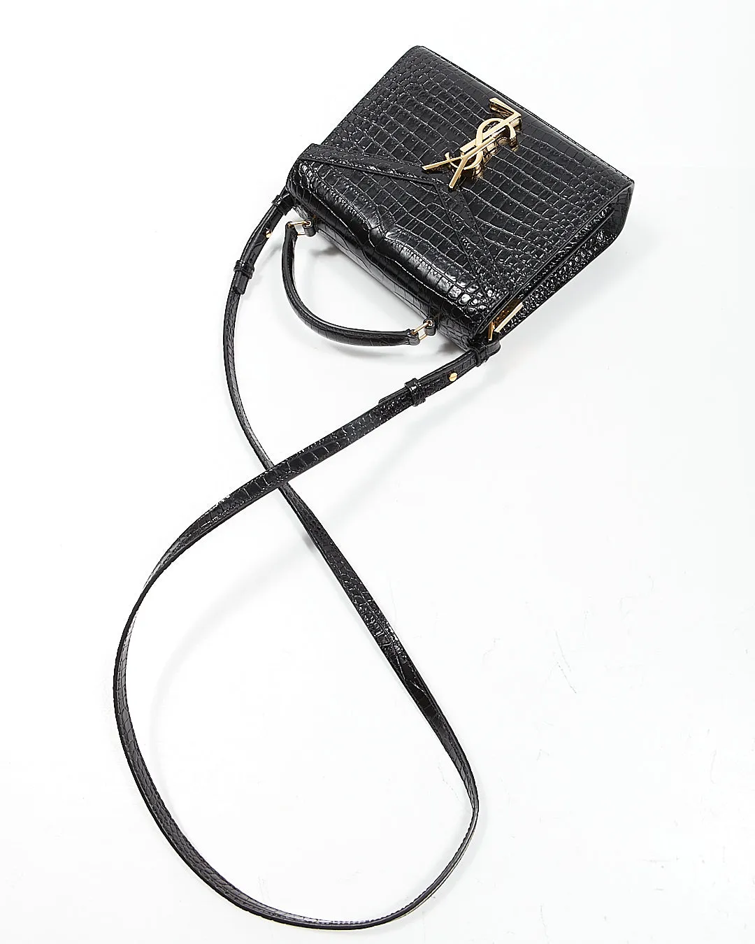 Saint Laurent Black Croc Embossed Cassandra Top Handle Bag