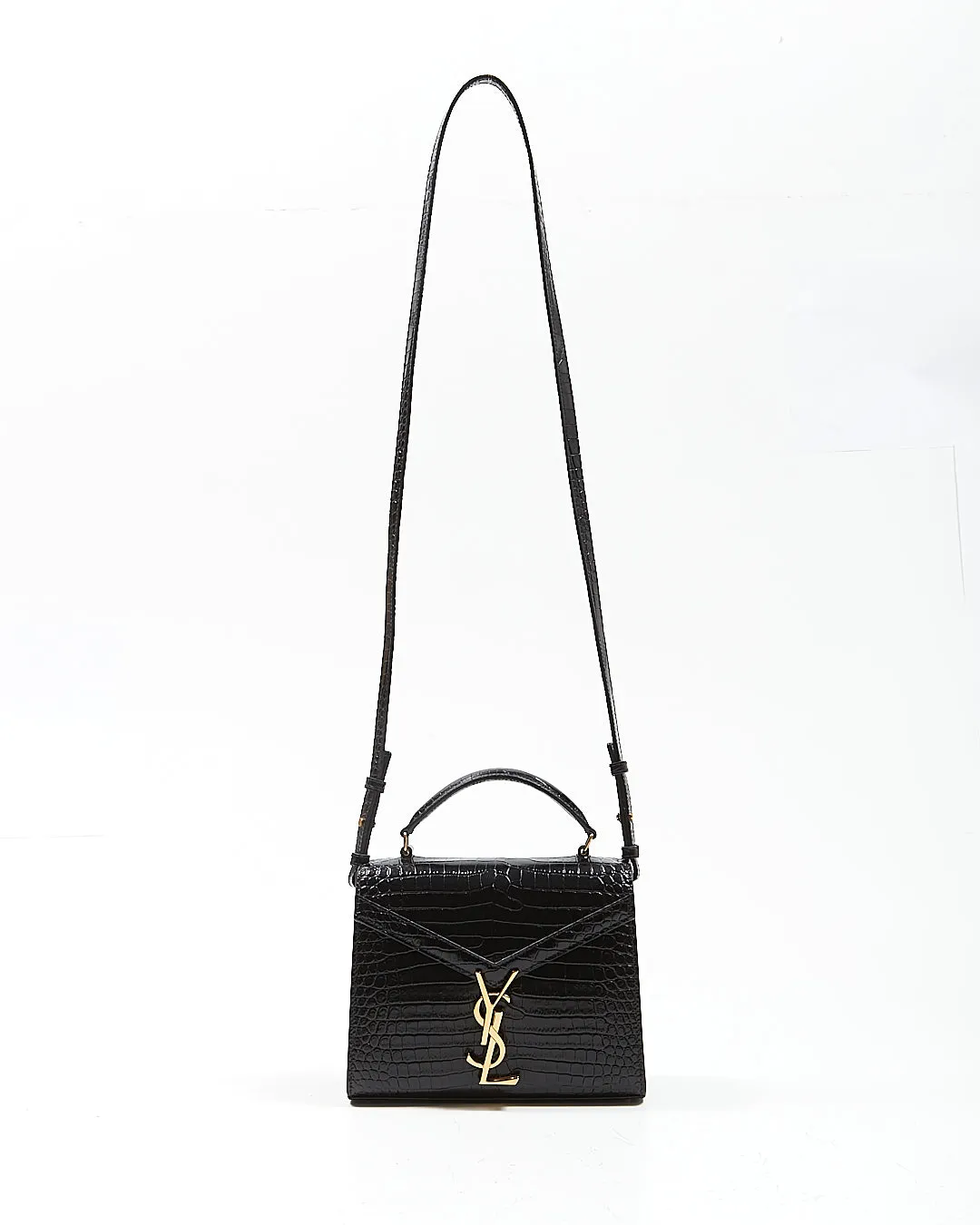 Saint Laurent Black Croc Embossed Cassandra Top Handle Bag