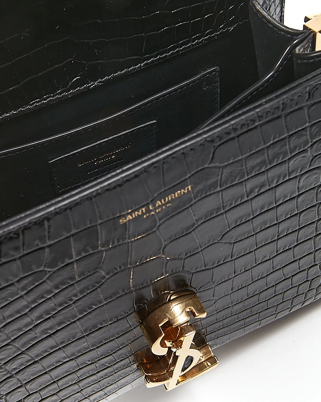 Saint Laurent Black Croc Embossed Cassandra Top Handle Bag