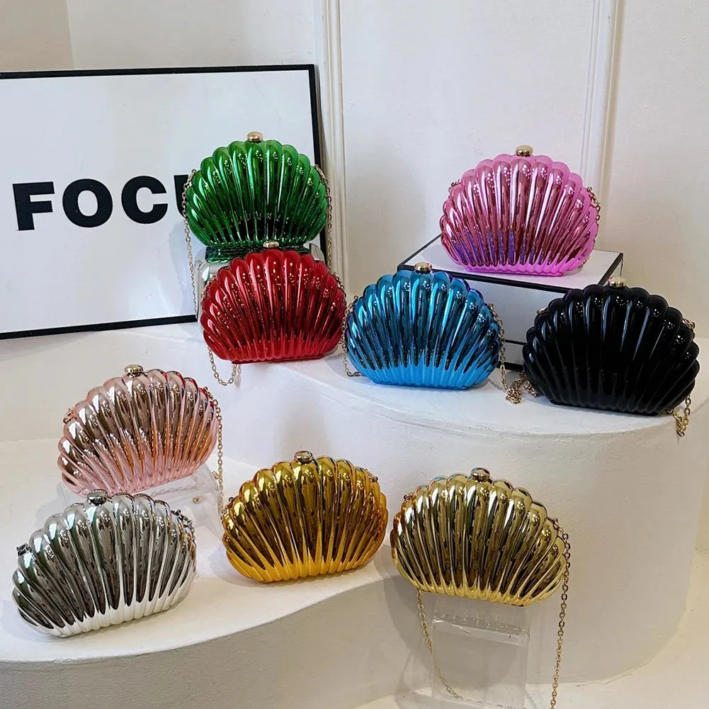Seashell Evening Bag Women Acrylic Metallic Shoulder Bag Detachable Chain Handbag for Wedding Cocktail Party Prom Satchel Purse