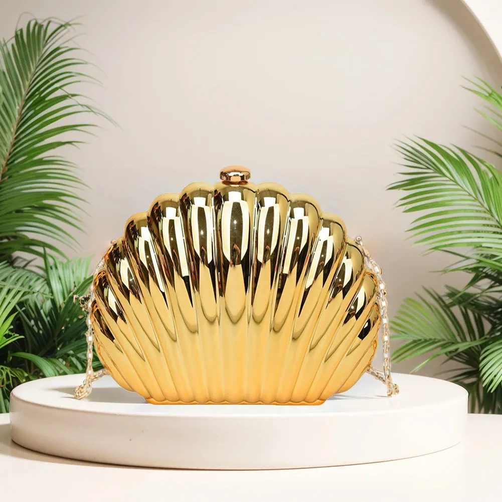 Seashell Evening Bag Women Acrylic Metallic Shoulder Bag Detachable Chain Handbag for Wedding Cocktail Party Prom Satchel Purse