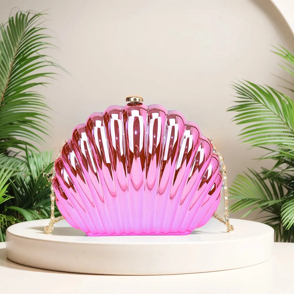 Seashell Evening Bag Women Acrylic Metallic Shoulder Bag Detachable Chain Handbag for Wedding Cocktail Party Prom Satchel Purse
