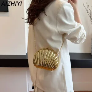 Seashell Evening Bag Women Acrylic Metallic Shoulder Bag Detachable Chain Handbag for Wedding Cocktail Party Prom Satchel Purse