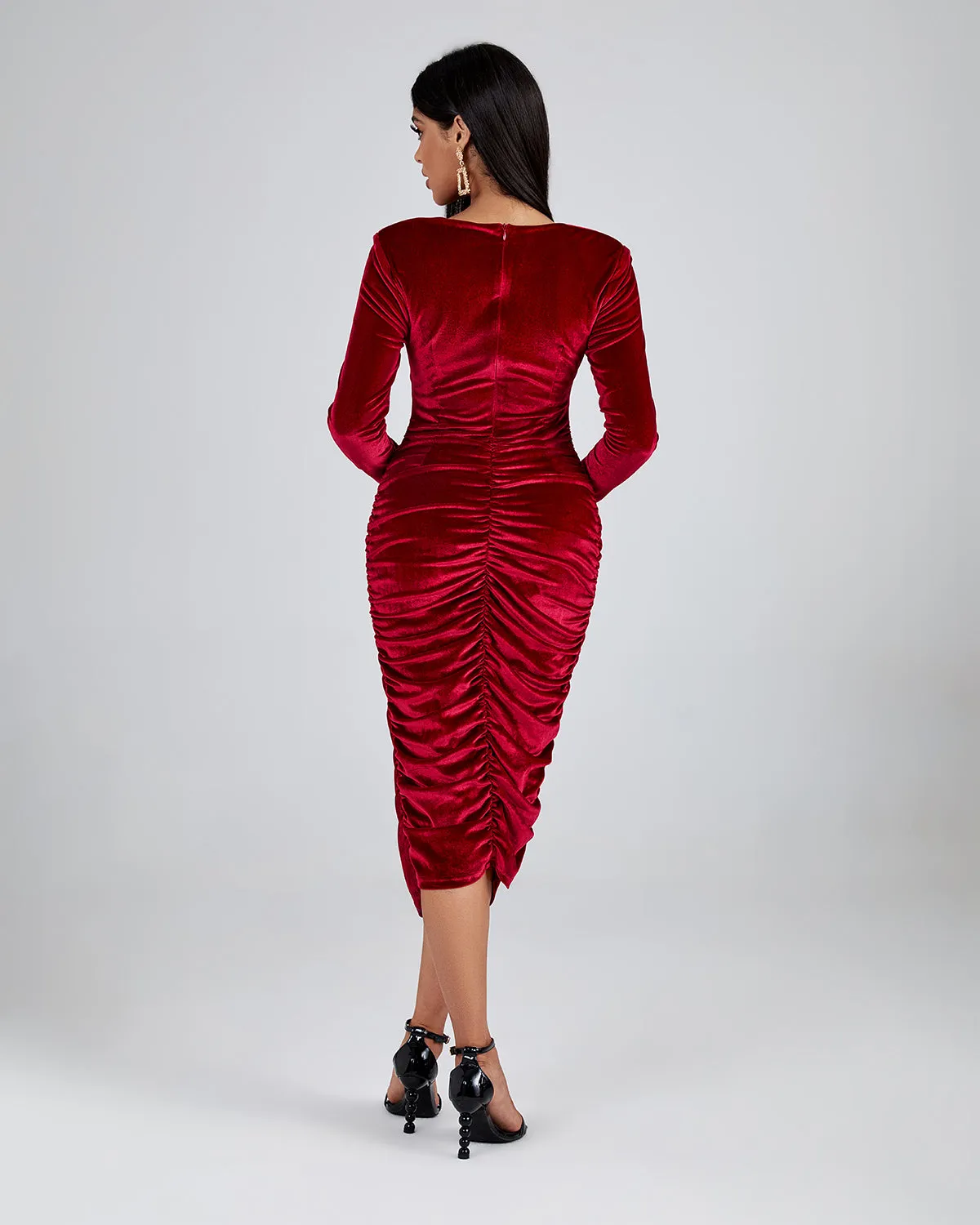 Shoulder Pad Velvet Ruched Midi Dress