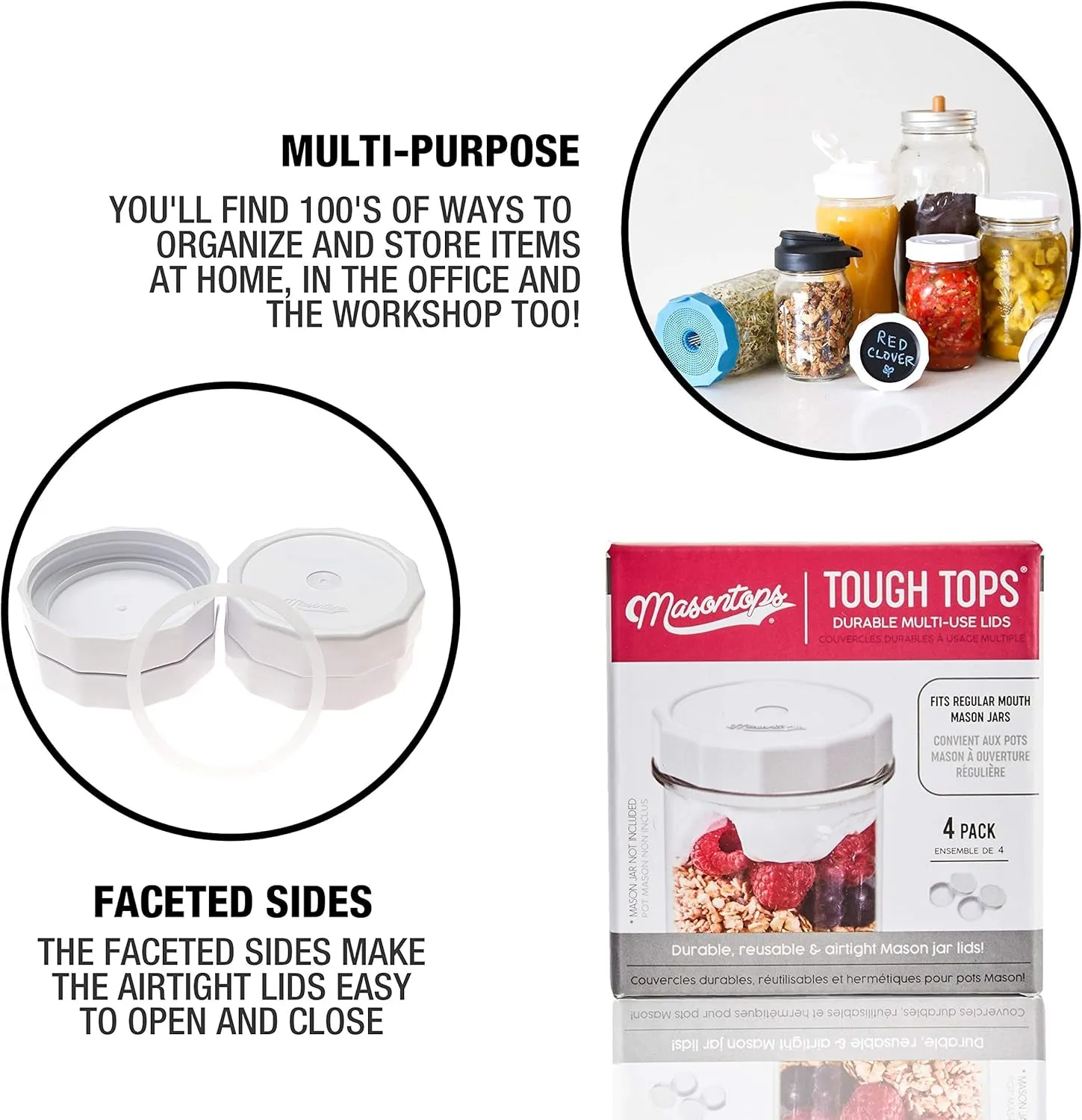 Tough Tops - Ball Regular Mouth Mason Jar Lids Plastic Leakproof - Bpa-Free White Plastic Mason Jar Lids - Reusable Dry Canning Lids Fit Ball Jars (Ball Mason Jars Not Included)
