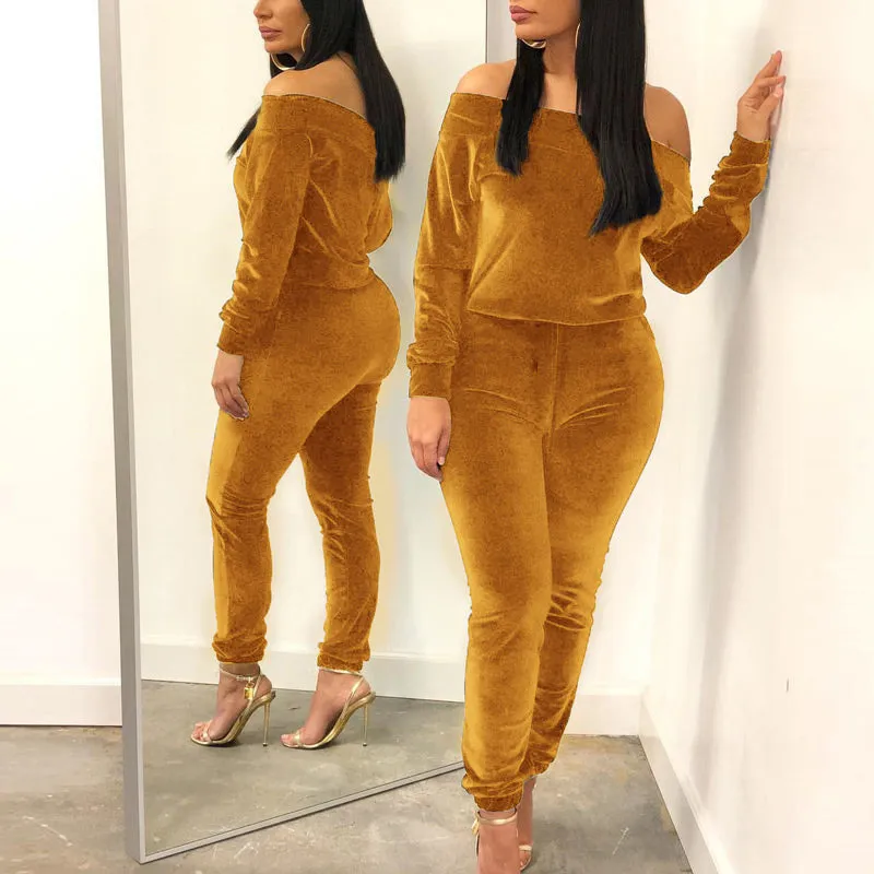 Velvet Off Shoulder Long Sleeve Top & Drawstring Pants
