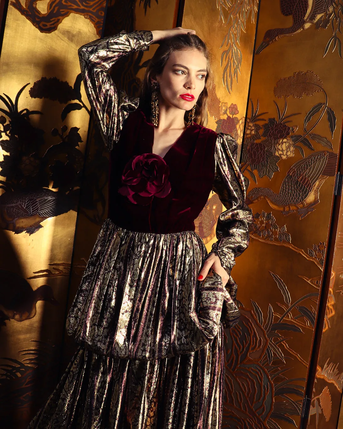 Velvet Tiered Metallic Gown