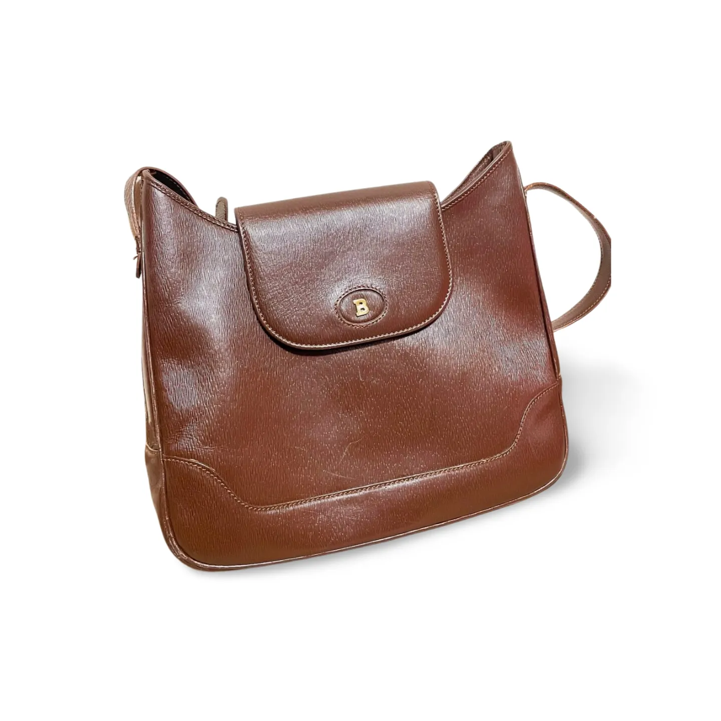 Vintage Bally brown leather trapezoid design shoulder bag with gold tone logo. Unisex use. 061003y2