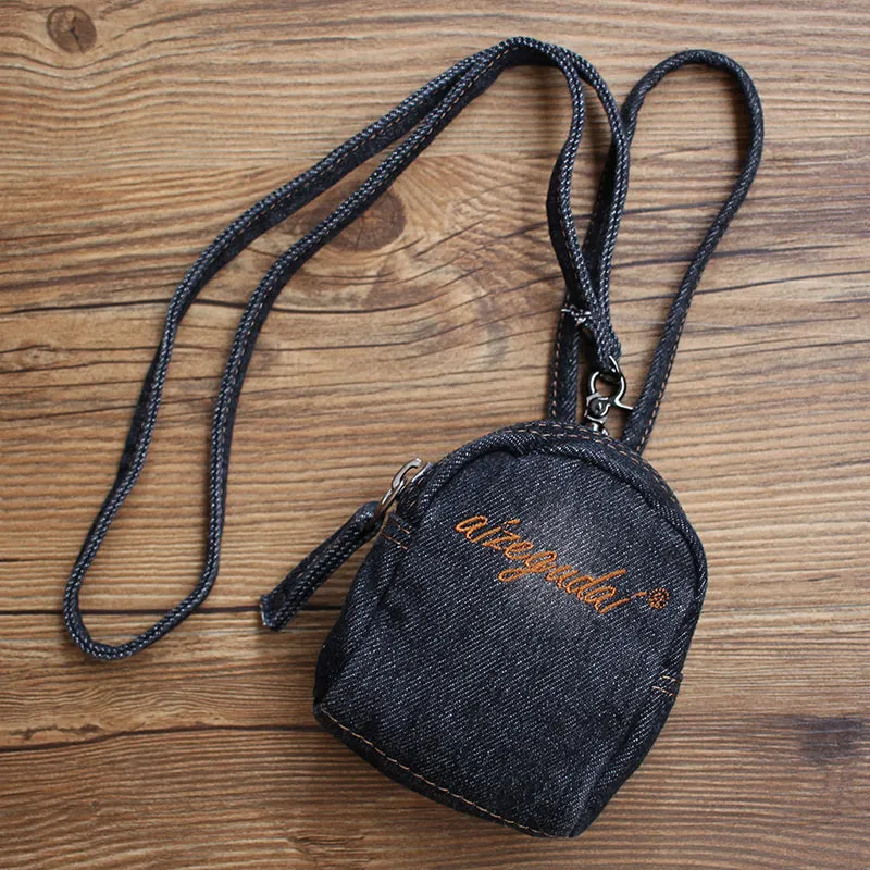 Vintage Mens Black Denim Mini Pouch Denim Small Card Coin Bag with Lanyard for Women