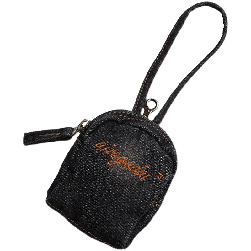Vintage Mens Black Denim Mini Pouch Denim Small Card Coin Bag with Lanyard for Women