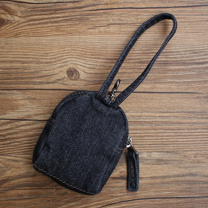 Vintage Mens Black Denim Mini Pouch Denim Small Card Coin Bag with Lanyard for Women
