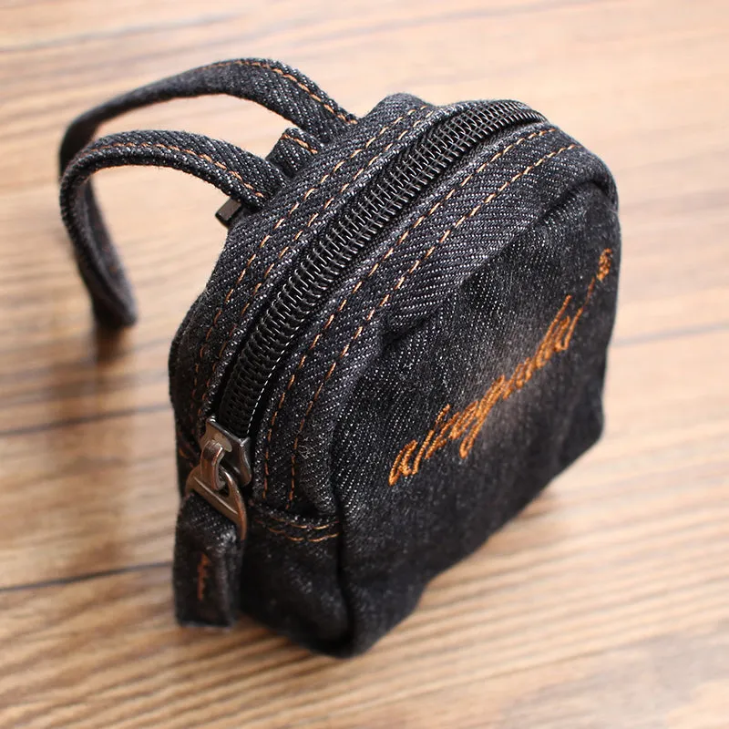 Vintage Mens Black Denim Mini Pouch Denim Small Card Coin Bag with Lanyard for Women