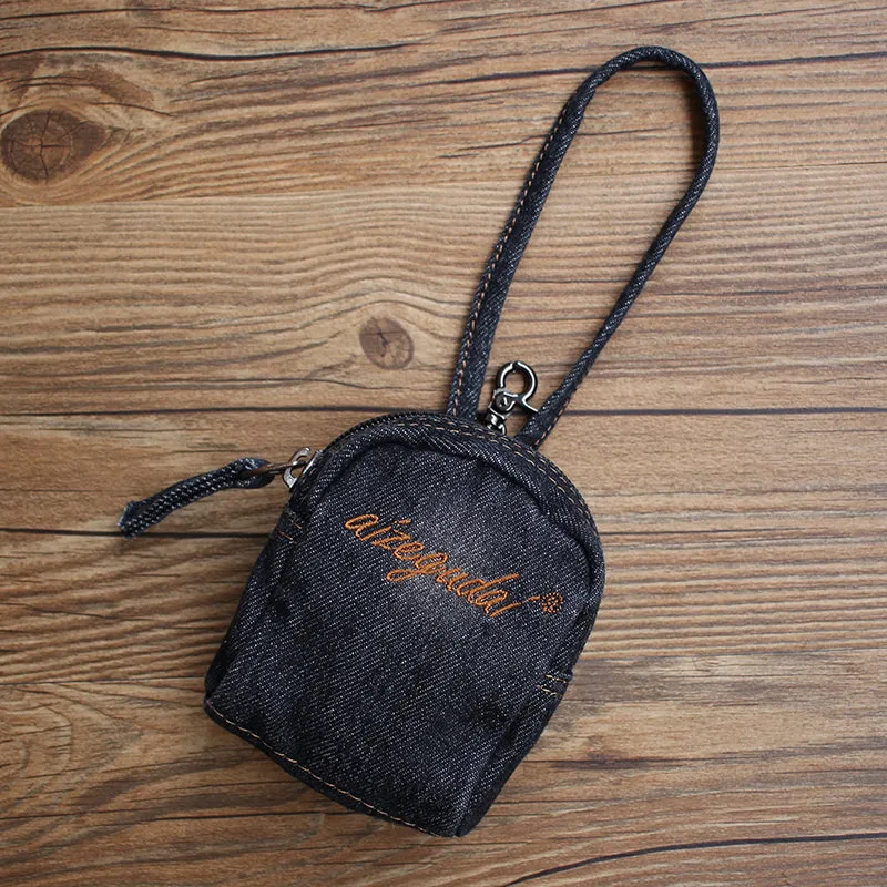 Vintage Mens Black Denim Mini Pouch Denim Small Card Coin Bag with Lanyard for Women