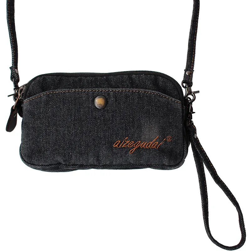 Vintage Mens Denim Wristlet Bag Black Denim Phone Purse with Shoulder Strap for Women