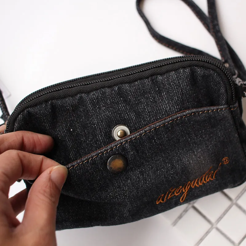 Vintage Mens Denim Wristlet Bag Black Denim Phone Purse with Shoulder Strap for Women