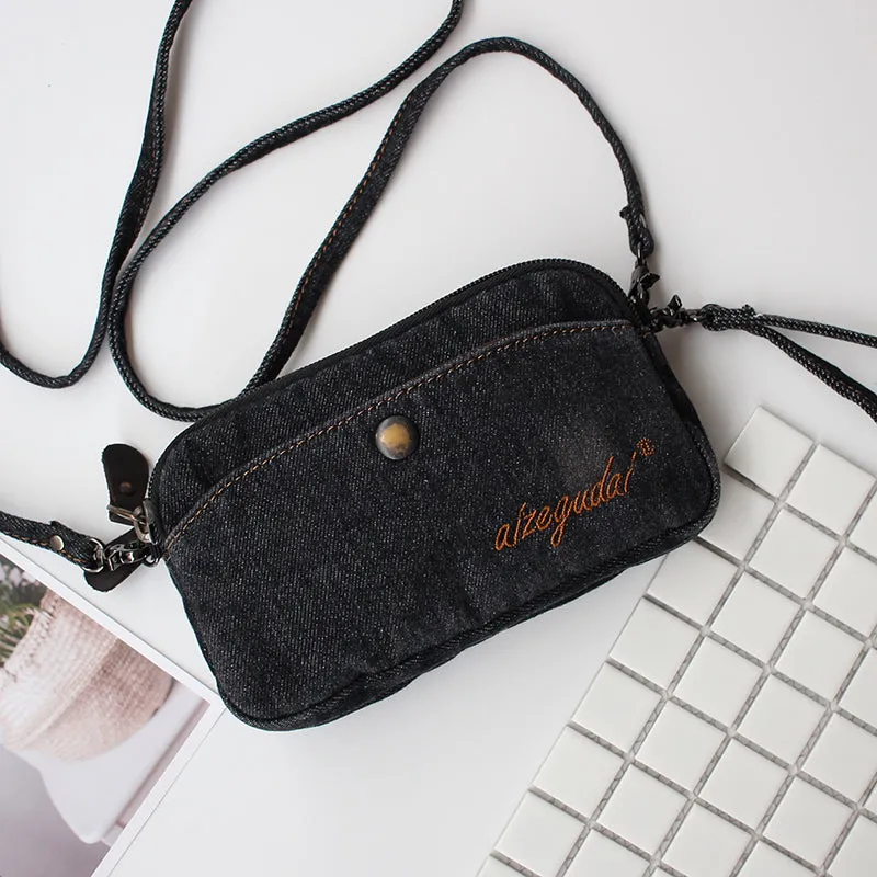 Vintage Mens Denim Wristlet Bag Black Denim Phone Purse with Shoulder Strap for Women