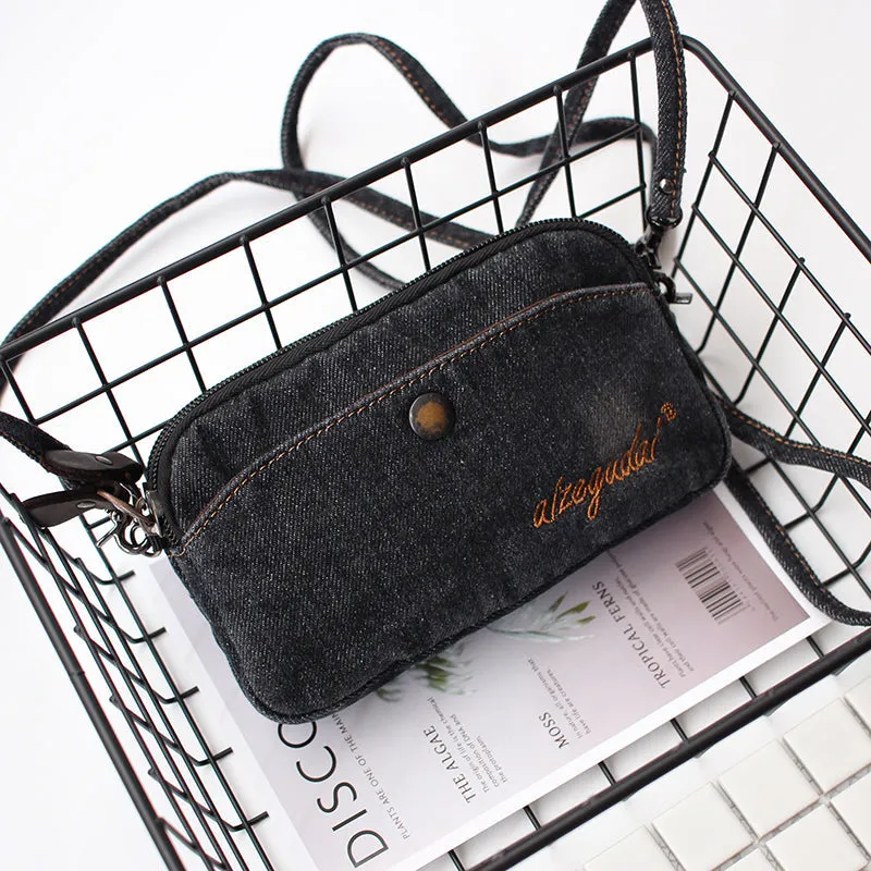 Vintage Mens Denim Wristlet Bag Black Denim Phone Purse with Shoulder Strap for Women