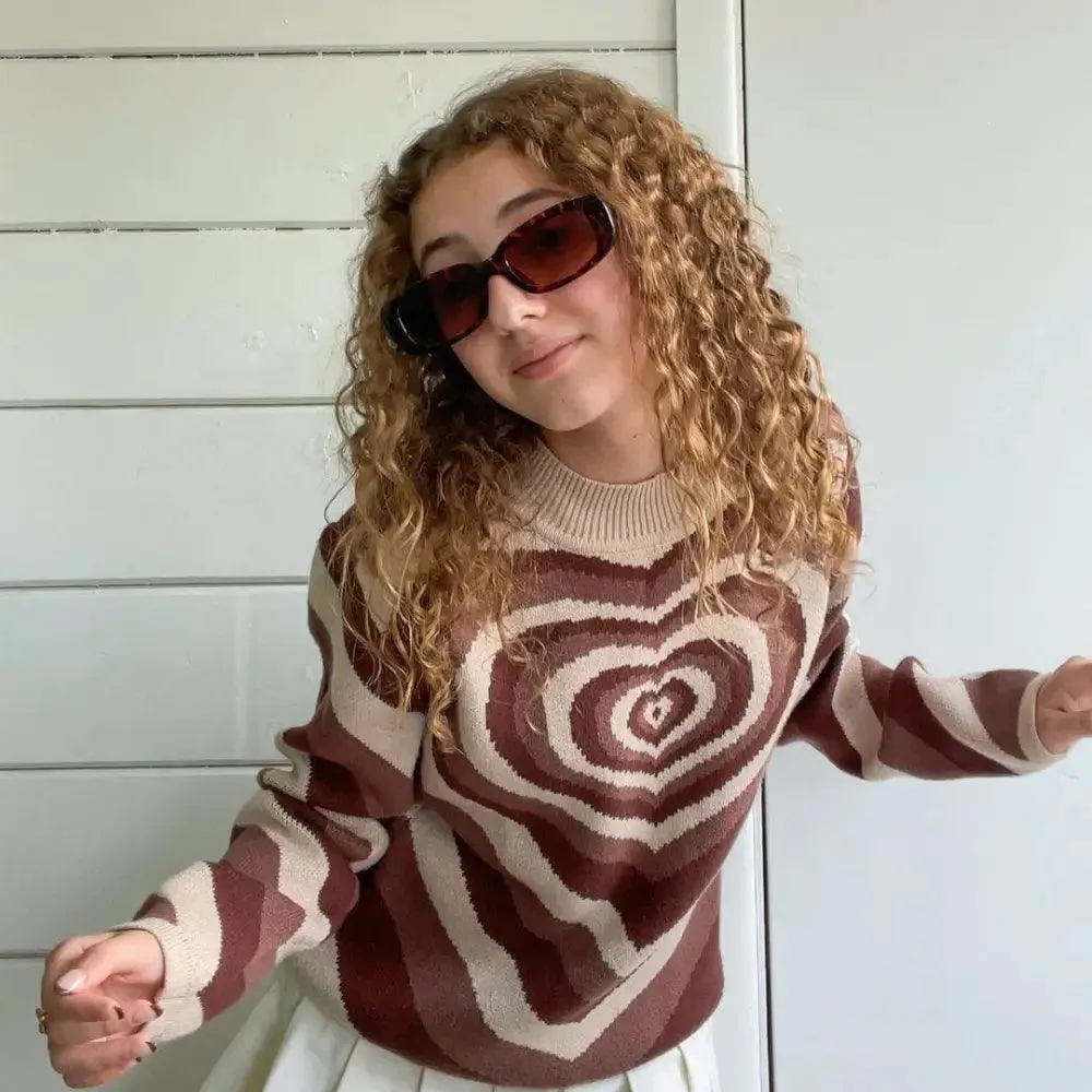 Vintage Style Knitted Sweater Aesthetics Heart Striped Pullovers Sweater For Girls Sweet Long Sleeve Turtleneck Jumper Autumn Streetwear