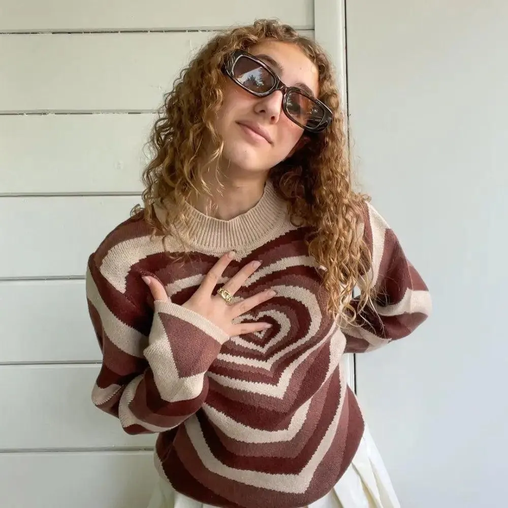 Vintage Style Knitted Sweater Aesthetics Heart Striped Pullovers Sweater For Girls Sweet Long Sleeve Turtleneck Jumper Autumn Streetwear