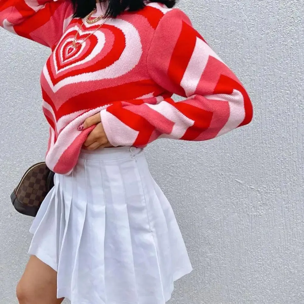 Vintage Style Knitted Sweater Aesthetics Heart Striped Pullovers Sweater For Girls Sweet Long Sleeve Turtleneck Jumper Autumn Streetwear