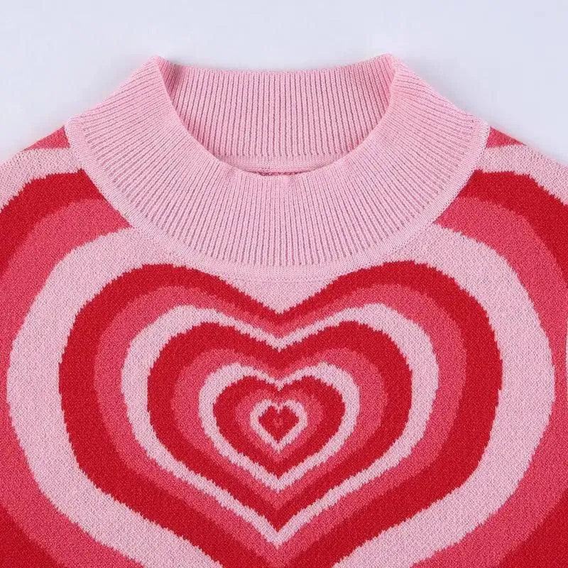 Vintage Style Knitted Sweater Aesthetics Heart Striped Pullovers Sweater For Girls Sweet Long Sleeve Turtleneck Jumper Autumn Streetwear