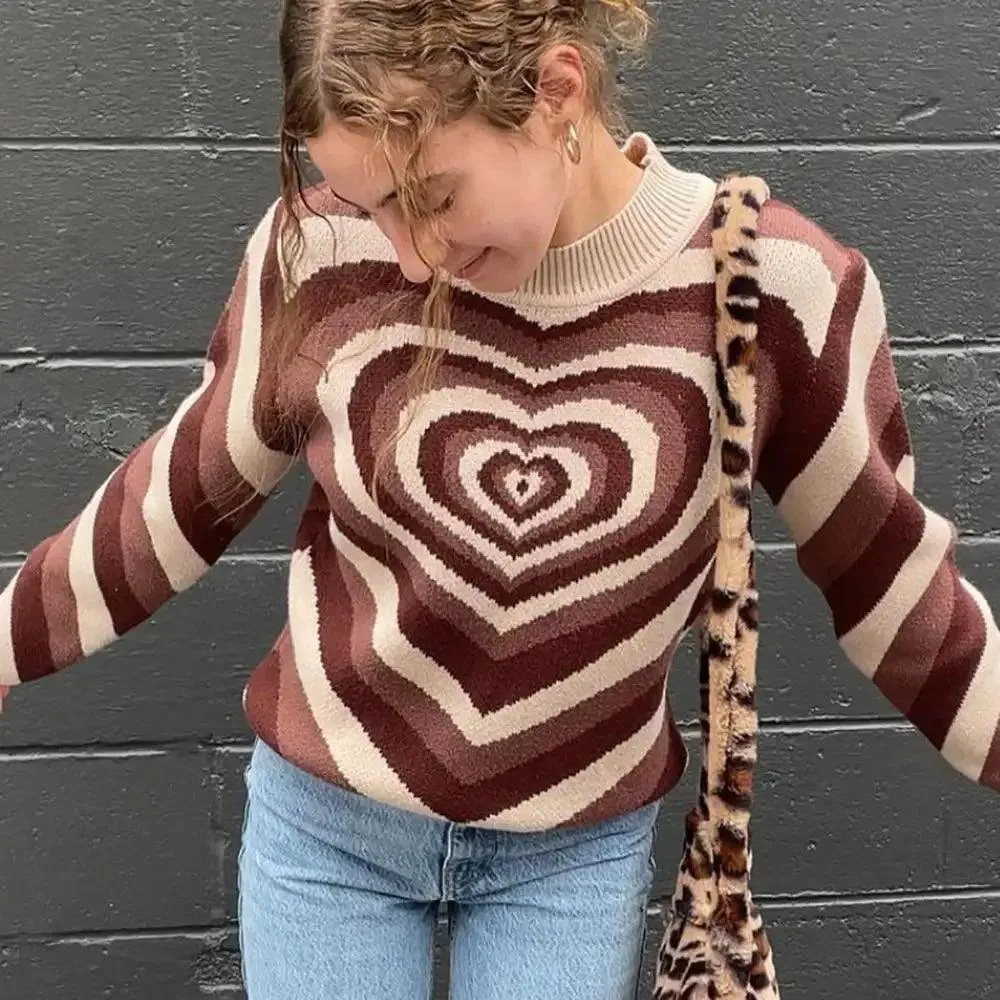 Vintage Style Knitted Sweater Aesthetics Heart Striped Pullovers Sweater For Girls Sweet Long Sleeve Turtleneck Jumper Autumn Streetwear