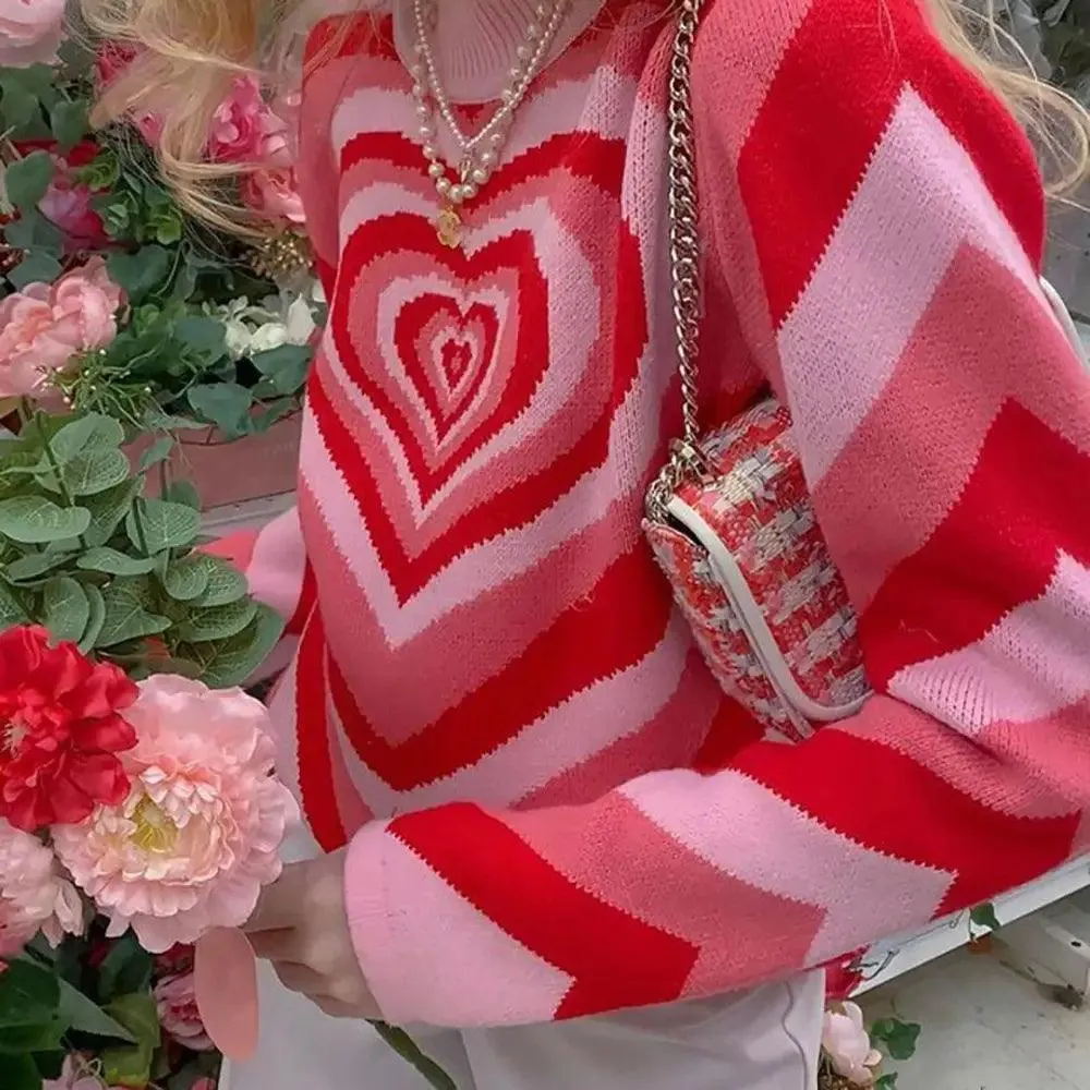 Vintage Style Knitted Sweater Aesthetics Heart Striped Pullovers Sweater For Girls Sweet Long Sleeve Turtleneck Jumper Autumn Streetwear