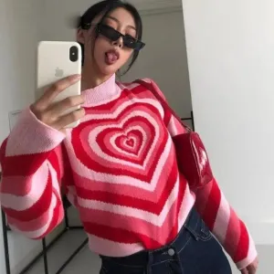 Vintage Style Knitted Sweater Aesthetics Heart Striped Pullovers Sweater For Girls Sweet Long Sleeve Turtleneck Jumper Autumn Streetwear