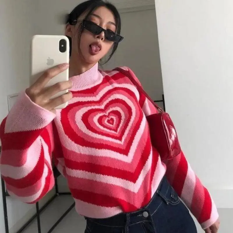 Vintage Style Knitted Sweater Aesthetics Heart Striped Pullovers Sweater For Girls Sweet Long Sleeve Turtleneck Jumper Autumn Streetwear