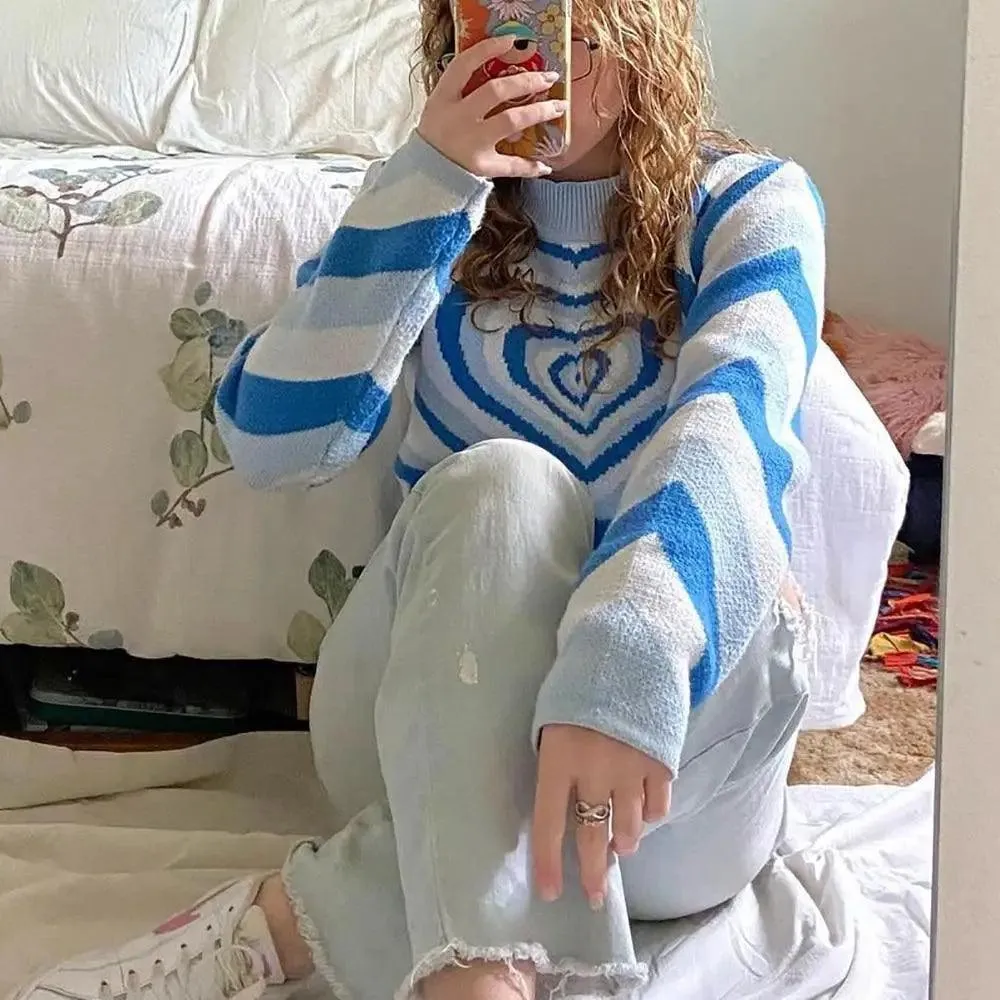Vintage Style Knitted Sweater Aesthetics Heart Striped Pullovers Sweater For Girls Sweet Long Sleeve Turtleneck Jumper Autumn Streetwear