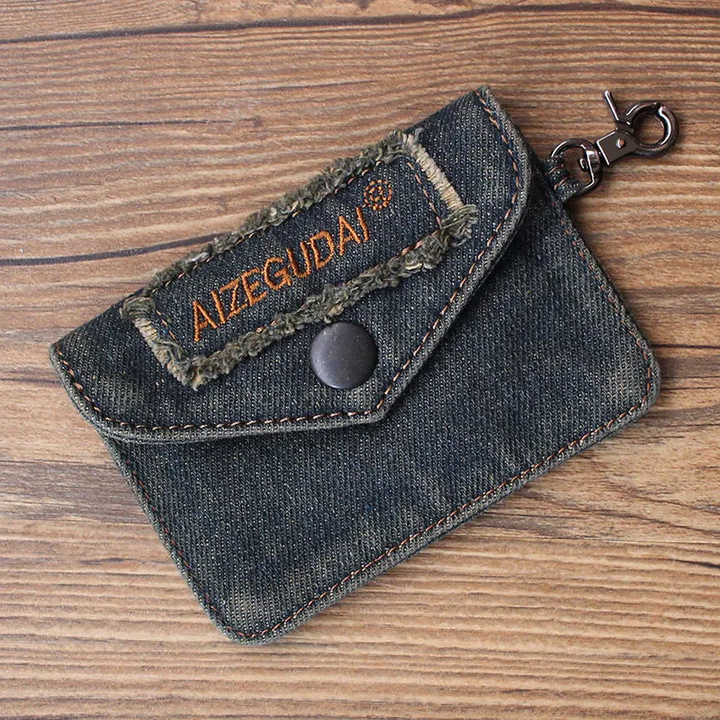 Vintage Womens Black Denim Mini Card Holder with Lanyard Denim Small Card Coin Bag Purse for Women