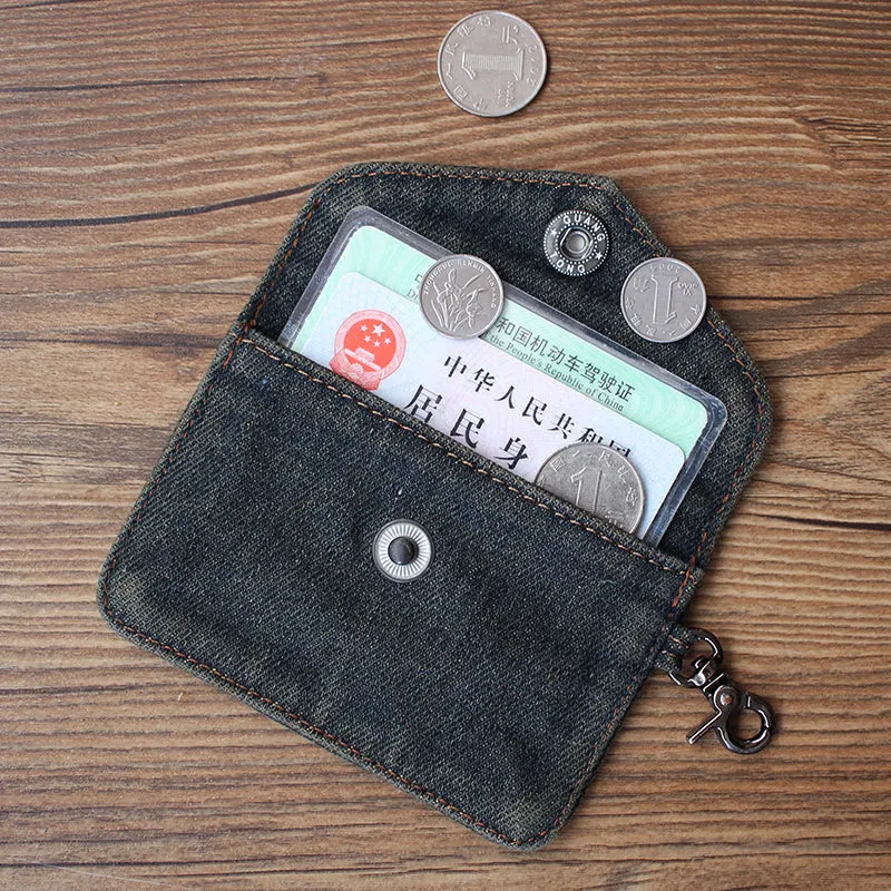 Vintage Womens Black Denim Mini Card Holder with Lanyard Denim Small Card Coin Bag Purse for Women