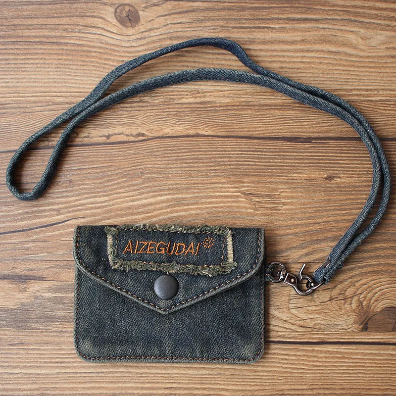 Vintage Womens Black Denim Mini Card Holder with Lanyard Denim Small Card Coin Bag Purse for Women