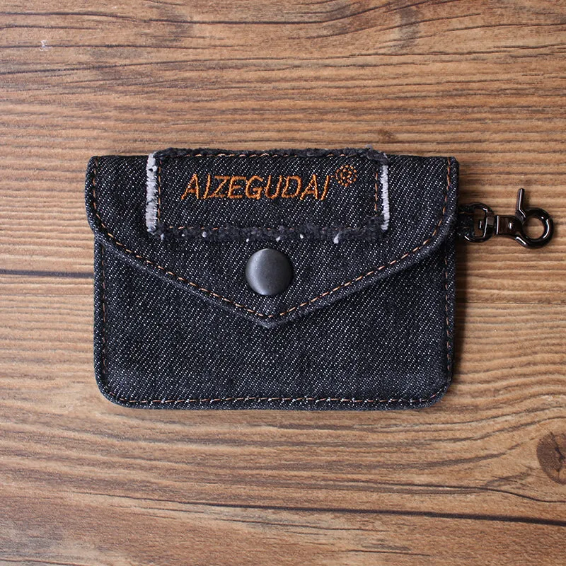 Vintage Womens Black Denim Mini Card Holder with Lanyard Denim Small Card Coin Bag Purse for Women