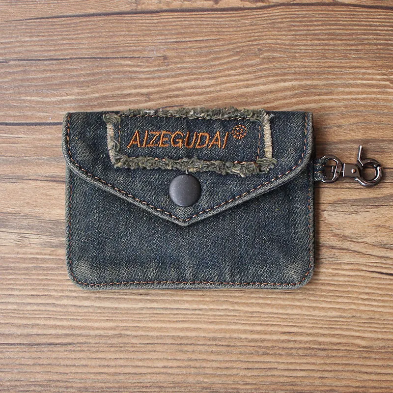 Vintage Womens Black Denim Mini Card Holder with Lanyard Denim Small Card Coin Bag Purse for Women