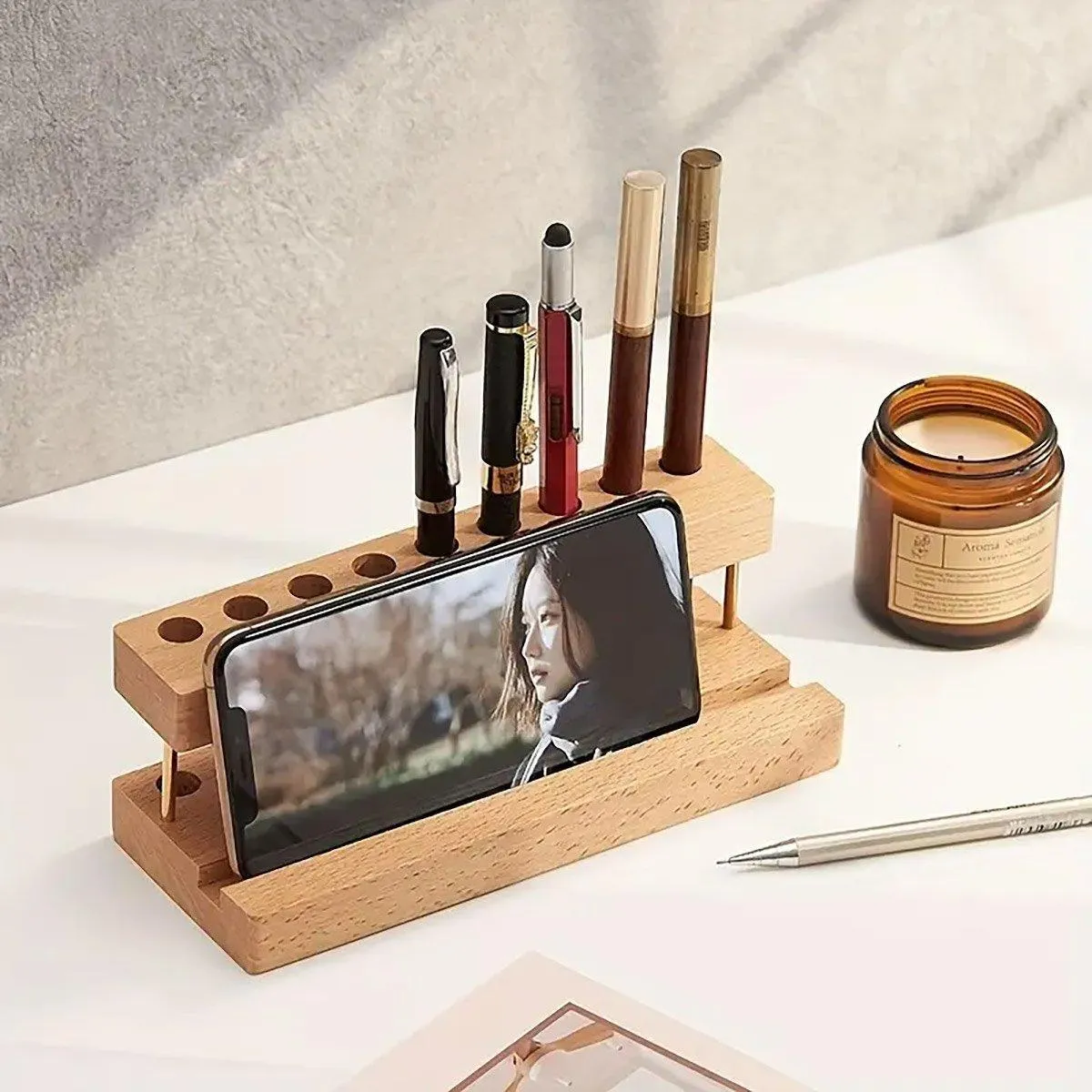 Wooden Desktop Organizer Knife Storage Rack Mobile Phone Stand Stationery Holder