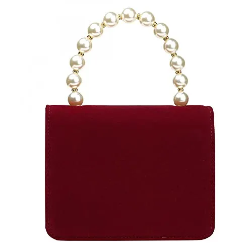YYW Velour Cross body Handbag Pearl Handle Bags Evening Purses Velvet Clutches Womens Shoulder Bag for Women (Red)