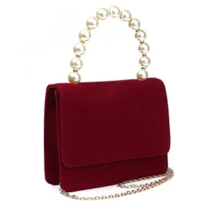 YYW Velour Cross body Handbag Pearl Handle Bags Evening Purses Velvet Clutches Womens Shoulder Bag for Women (Red)