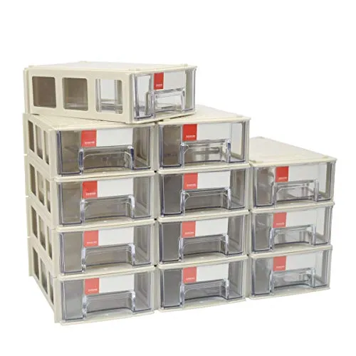 ZIIYAN Set of 12 Plastic Desktop Stackable Modular Craft Small Parts Hardware Drawers Organizer Containers Cabinet Storage Boxes with Compartments